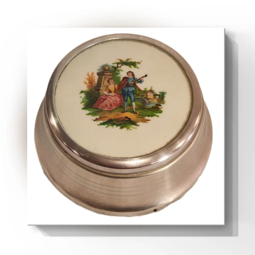Antique Rose Metal Aluminum Powder Puff/Trinket Music Box